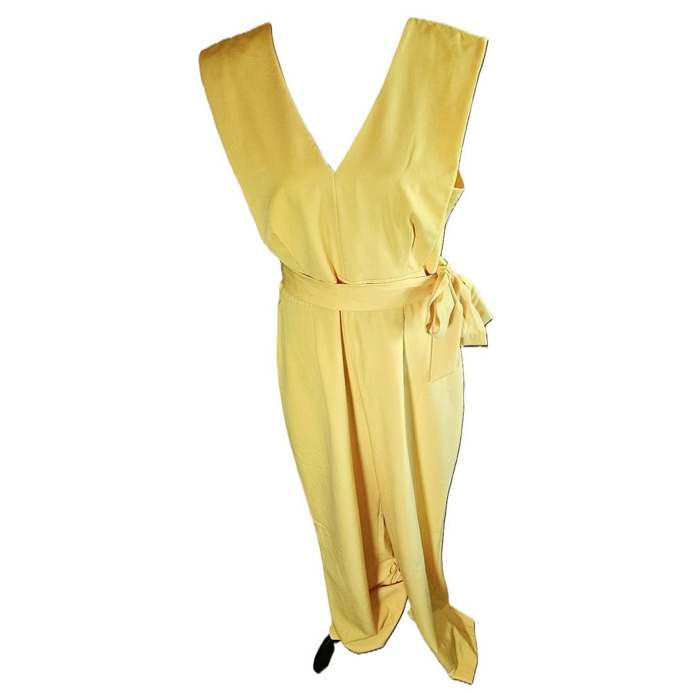 Antonio Melani Jumpsuit Womens SZ 12 Yellow Wide Leg Deep V-Neck , Tie Front